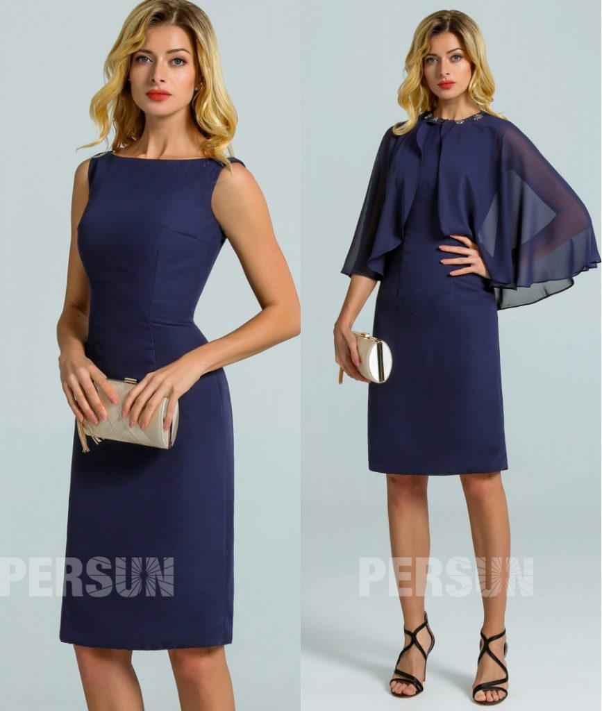 robe soirée courte bleu marine droite col bateau avec cape mousseline détachable